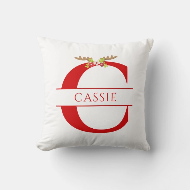 Split Monogram Letter C Xmas Deer Antlers Cushion (Front)