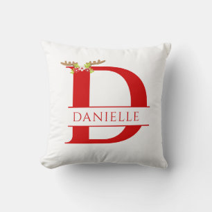 Split Monogram Letter D Xmas Deer Antlers Cushion