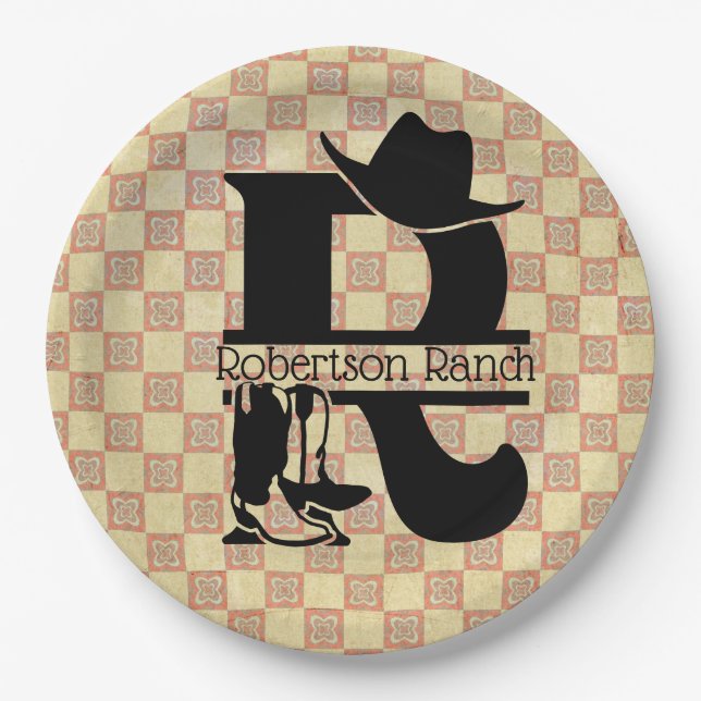 Split 'R' Cowboy Monogram Paper Plate (Front)