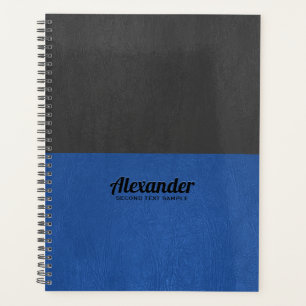 Split-screen blue and black faux leather texture planner