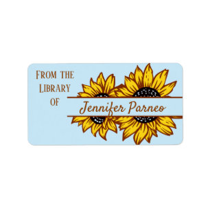 Split Sunflowers on Blue Bookplate Label