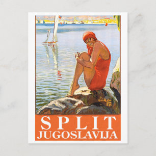 Split, Yugoslavia, girl on the rock by the sea Postcard