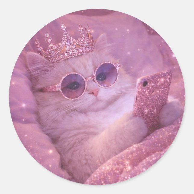 Spoiled Princess Cat Texting in Bed                Classic Round Sticker (Front)