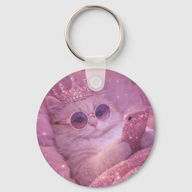 Spoiled Princess Cat Texting in Bed                Key Ring (Front)