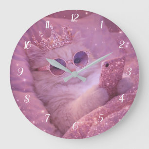 Spoiled Princess Cat Texting in Bed Large Clock