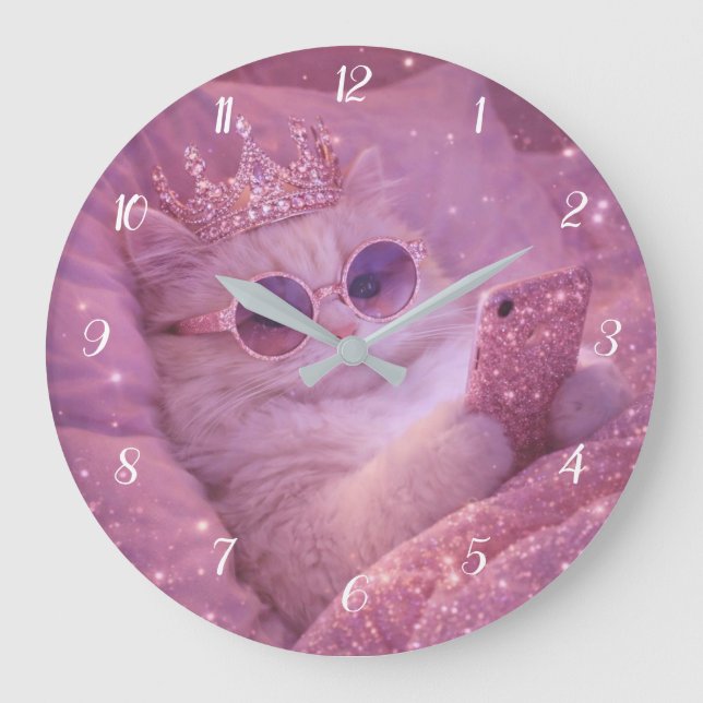 Spoiled Princess Cat Texting in Bed                Large Clock (Front)