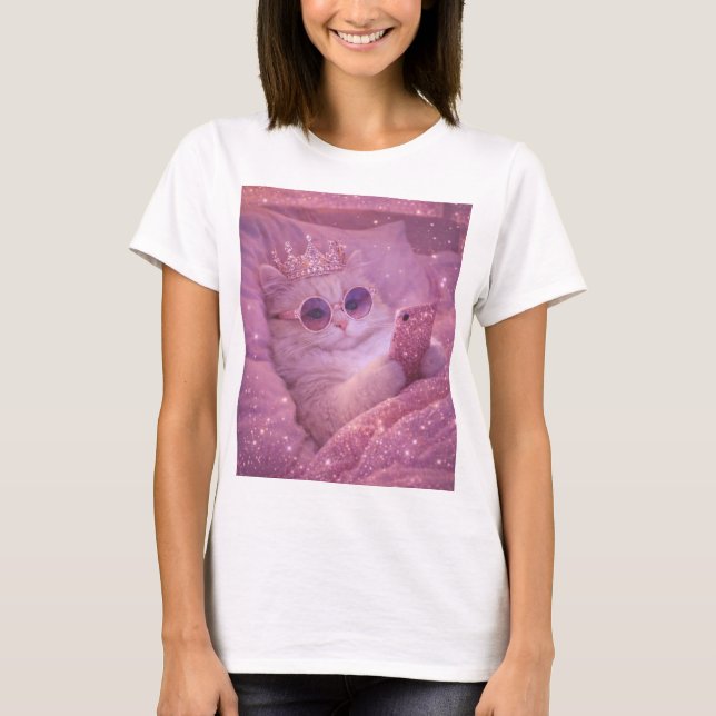 Spoiled Princess Cat Texting in Bed                T-Shirt (Front)