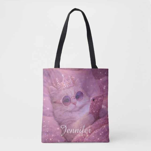 Spoiled Princess Cat Texting in Bed                Tote Bag (Front)