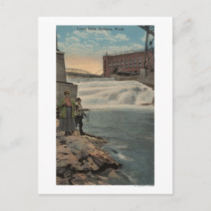 Spokane, WA - Couple Fishing on Lower Falls Postcard