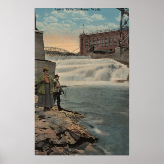 Spokane, WA - Couple Fishing on Lower Falls Poster