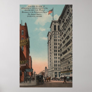 Spokane, WA - Downtown View with Horsecarts Poster