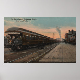 Spokane, WA - View of N. Pacific Train & Depot Poster