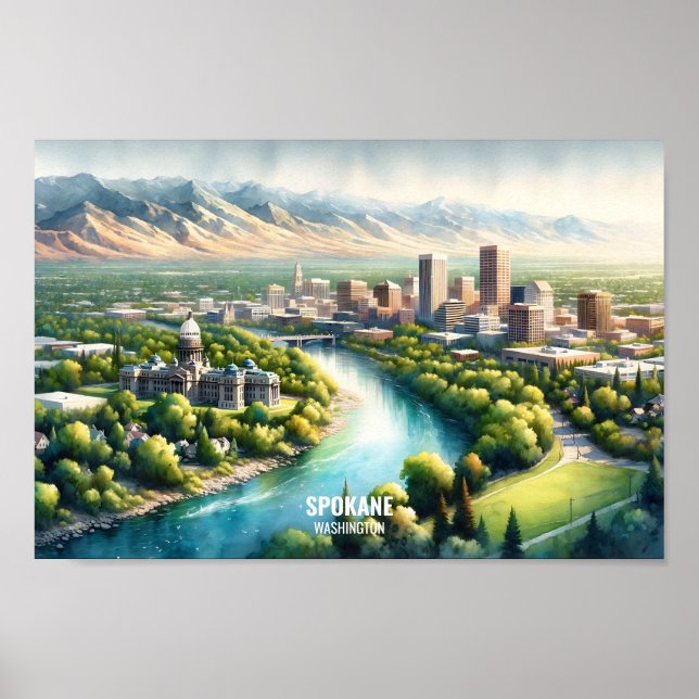 Spokane Washington Famous Travel Places watercolor Poster (Front)