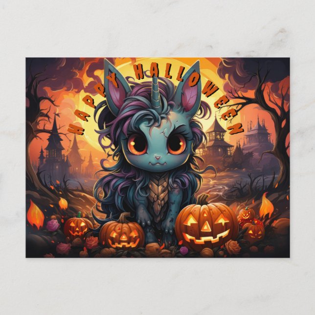 Spoky Halloween Unicorn in Pumpkin Patch Holiday Postcard (Front)