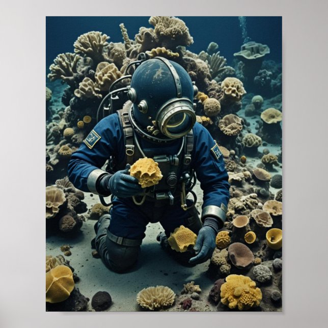 Sponge diver working the reef poster (Front)