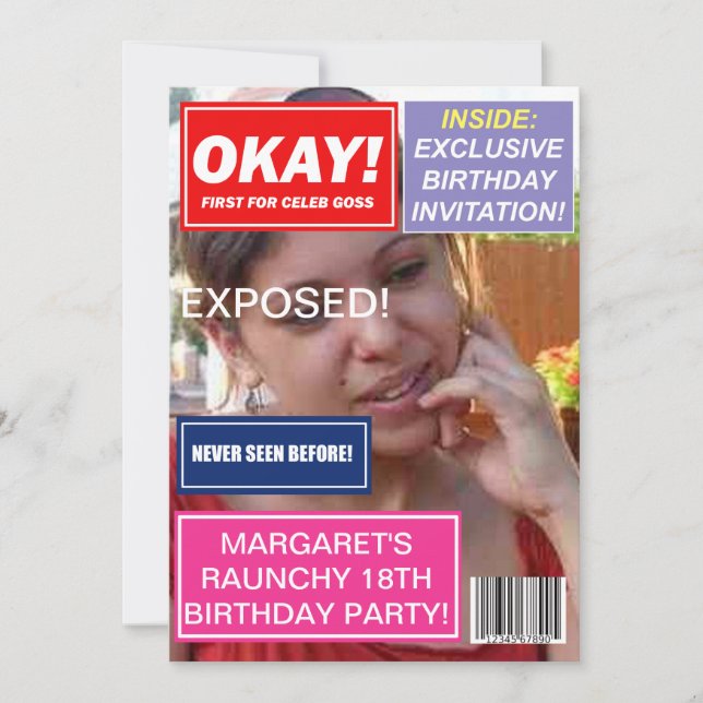 Spoof mag Celebrity gossip custom Birthday invite (Front)