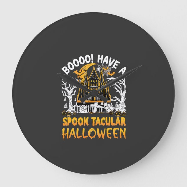 Spook Tacular Halloween Haunted Castle Bats Pumpki Large Clock (Front)