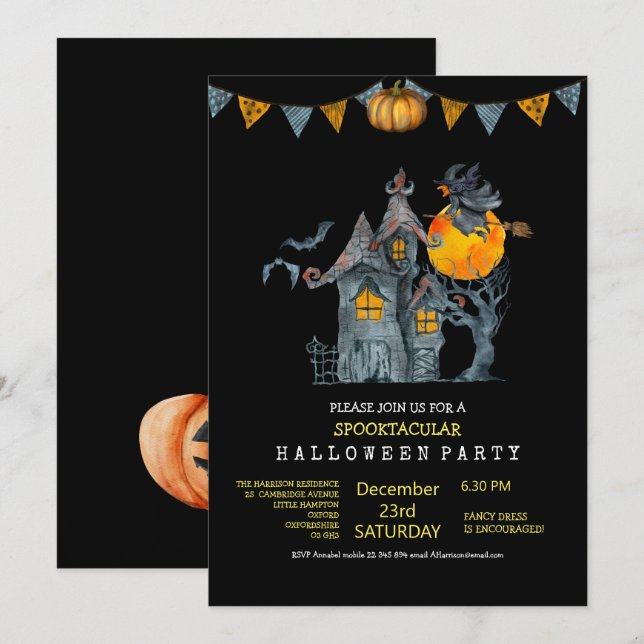 Spookily cute  water colour family Halloween party Invitation (Front/Back)