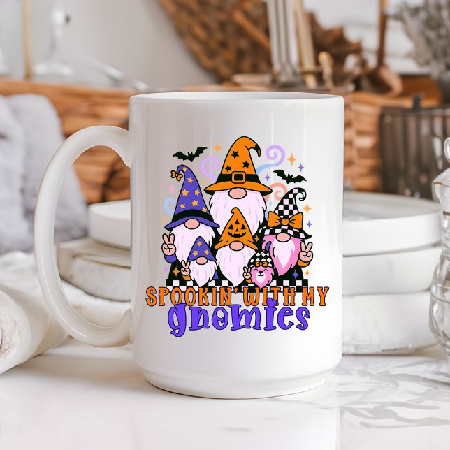 Spookin’ With My Gnomies: Retro Halloween Friends Coffee Mug (Get festive with spookin' with my gnomies — a Halloween friends design full of humor and charm.)