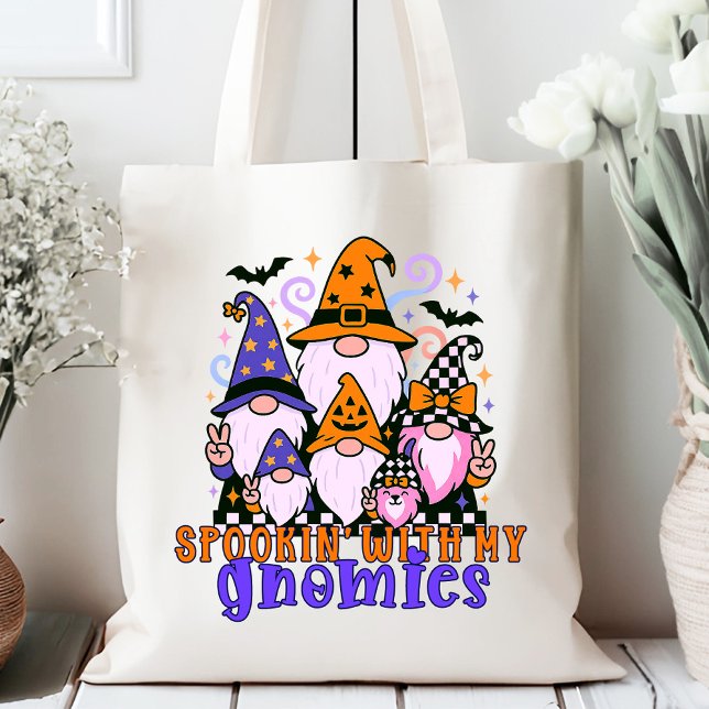 Spookin’ With My Gnomies: Retro Halloween Friends Tote Bag (Get festive with spookin' with my gnomies — a Halloween friends design full of humor and charm.)