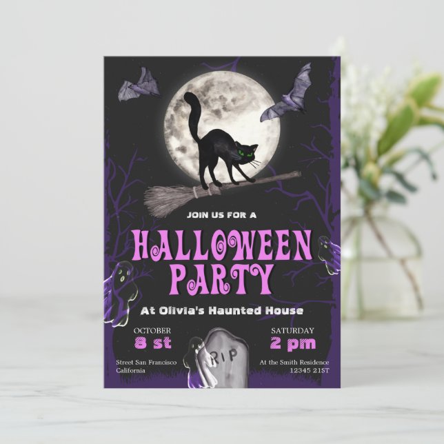 Spooktacular Black Cat Halloween Party Invitation (Standing Front)