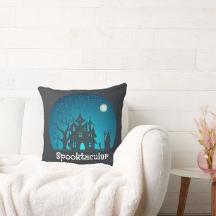 Spooktacular Blue and Black Haunted House Cushion