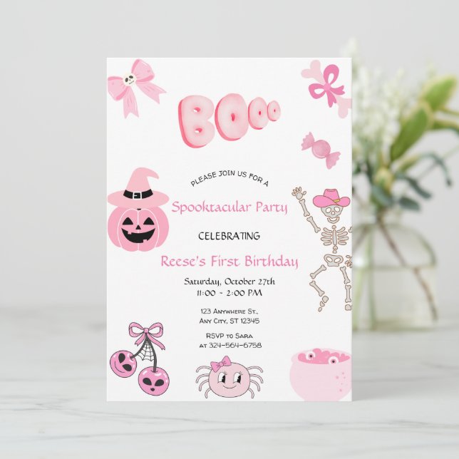 Spooktacular First Birthday Pink Halloween Invitation (Standing Front)