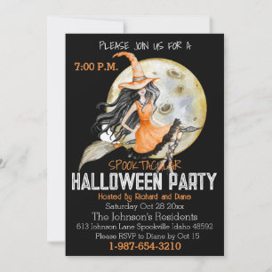 Spooktacular Full Moon and Witch Halloween  Invitation