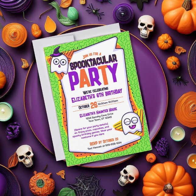 Spooktacular Ghosts Green Birthday Invitation (Spooky invites perfect for cute Halloween parties and birthdays. Green with ghost characters)