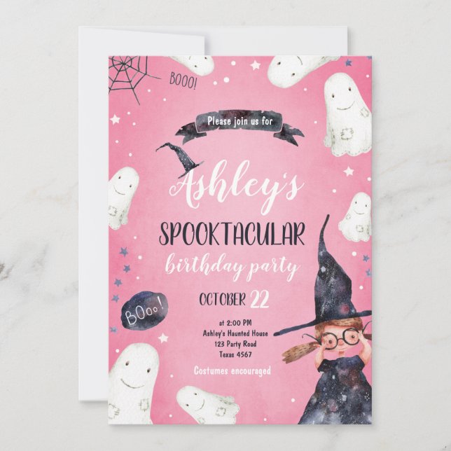 Spooktacular Halloween Witch Hat Ghost Birthday Invitation (Front)