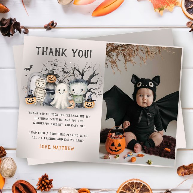 Spooktacular Kids Halloween Birthday Photo Thank You Card (Creator Uploaded)