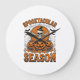 Spooktacular Season Vintage Halloween Skull Pumpki Large Clock
