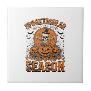 Spooktacular Season Vintage Halloween Skull Pumpki Tile