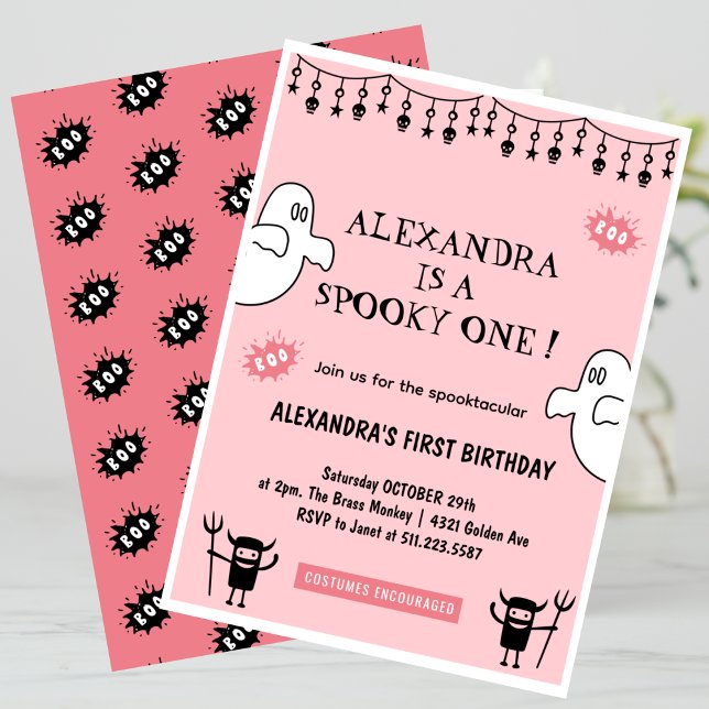 Spooktacular Spooky one Halloween 1st birthday Invitation (Halloween-1st-birthday-Invitation-Spooktacular-Spooky-one-pink-1)