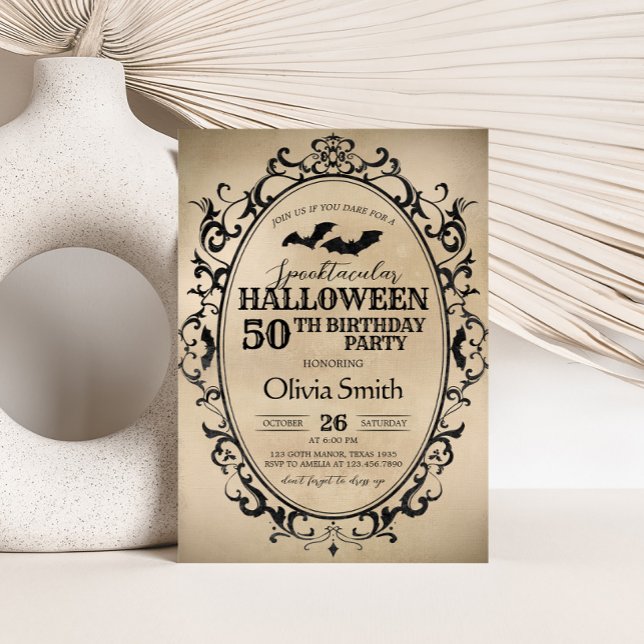 Spooktacular Vintage Bat Halloween Birthday Party Invitation (Spooktacular Vintage Adult Halloween Birthday Party Invitation)