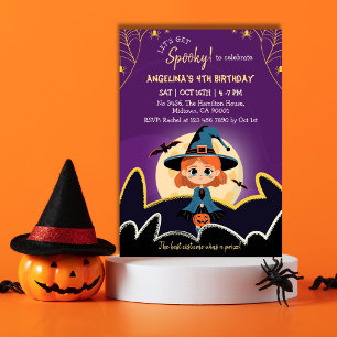 Spooktacular Witch Halloween 4th Birthday gold Invitation