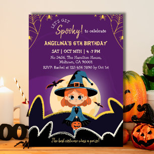 Spooktacular Witch Halloween 6th Birthday gold Invitation