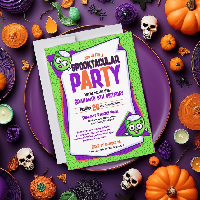 Spooktacular Zombies Green Birthday Invitation (Spooky invite perfect for cute Halloween parties or birthdays. Green card featuring zombies)