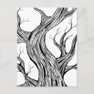 Spooky Abstract Tree Pen Drawing Art Postcard