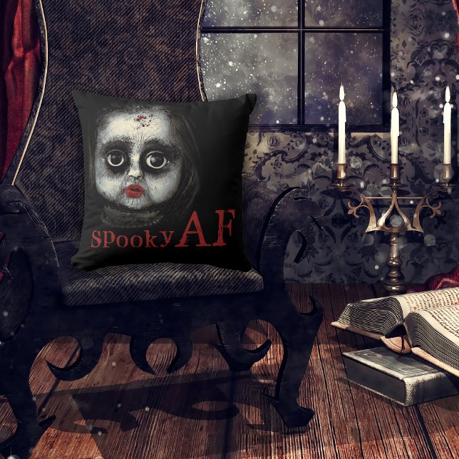 Spooky AF Creepy Goth Doll Face Halloween Cushion (A fun accent for your Halloween party decor.)
