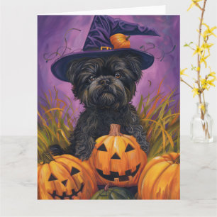 Spooky Affenpinscher Halloween Witch and Pumpkin Card