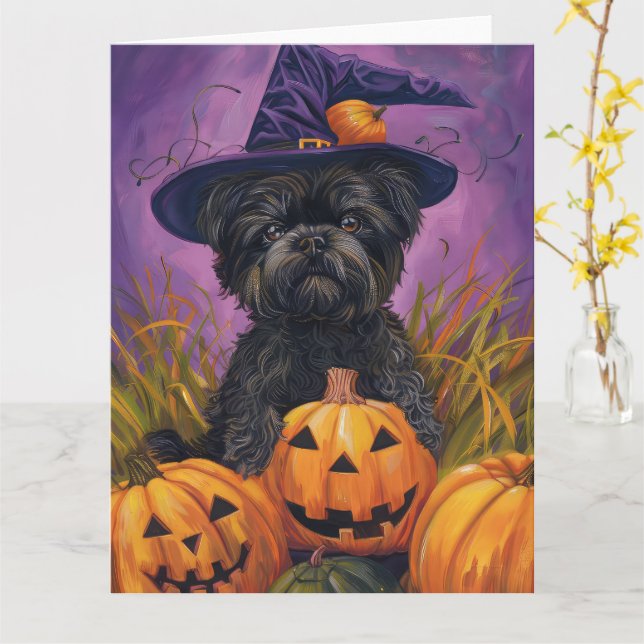 Spooky Affenpinscher Halloween Witch and Pumpkin Card (Yellow Flower)