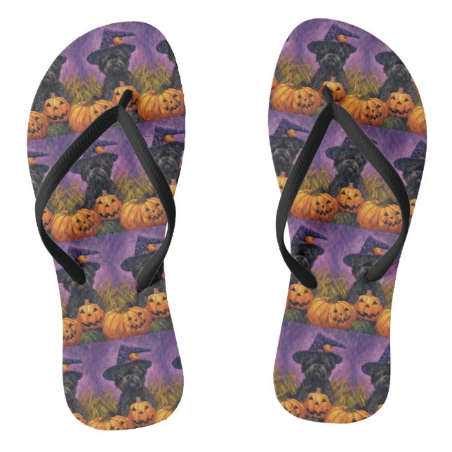 Spooky Affenpinscher Halloween Witch and Pumpkin Flip Flops (Footbed)