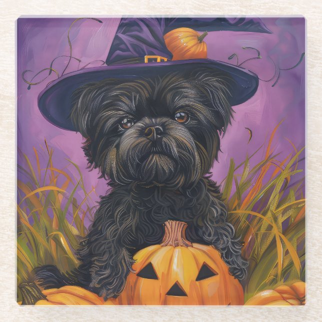 Spooky Affenpinscher Halloween Witch and Pumpkin Glass Coaster (Front)