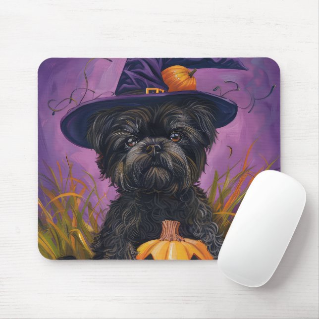Spooky Affenpinscher Halloween Witch and Pumpkin Mouse Mat (With Mouse)
