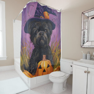 Spooky Affenpinscher Halloween Witch and Pumpkin Shower Curtain