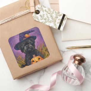 Spooky Affenpinscher Halloween Witch and Pumpkin Square Sticker