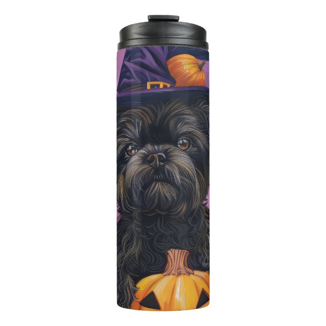 Spooky Affenpinscher Halloween Witch and Pumpkin Thermal Tumbler (Front)