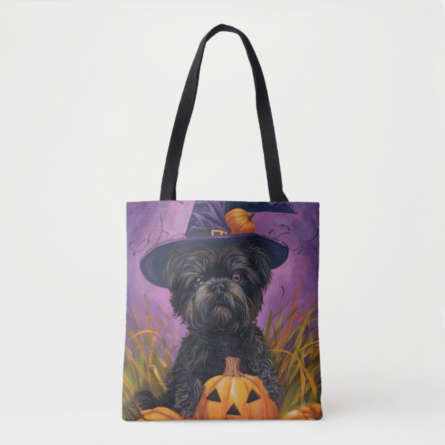 Spooky Affenpinscher Halloween Witch and Pumpkin Tote Bag (Front)