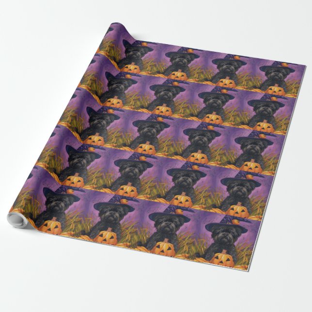Spooky Affenpinscher Halloween Witch and Pumpkin Wrapping Paper (Unrolled)